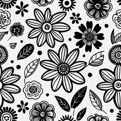 Floral pattern design featuring black and white flowers and leaves in a repeating arrangement for textile use Generative AI