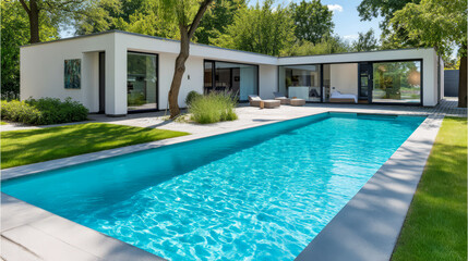 Fototapeta premium Modern house with swimming pool surrounded by greenery in bright daylight