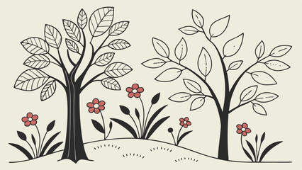 Artistic depiction of trees and flowers on a hillside showcasing nature's beauty in a simplistic style Generative AI