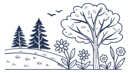 Nature illustration featuring trees, flowers, and a serene landscape with birds flying in the blue sky during daytime Generative AI