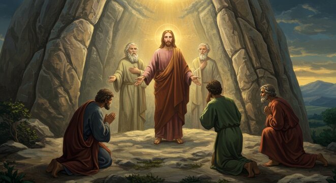 Transcendence depiction with divine figures and kneeling observers in nature