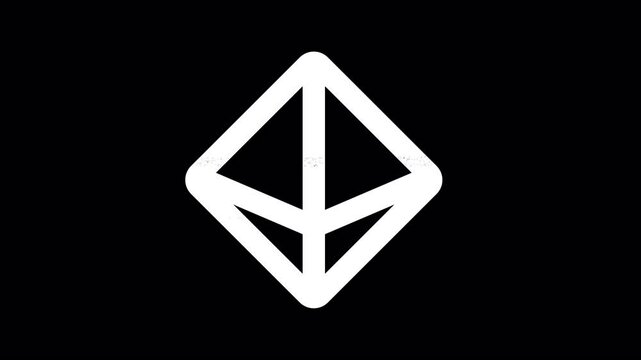 Icon dice d8 is distorted. Glitch. Noise, chromatic aberration, geometric distortion. Transparent background, looped. In-Out looped. Alpha BW at the end