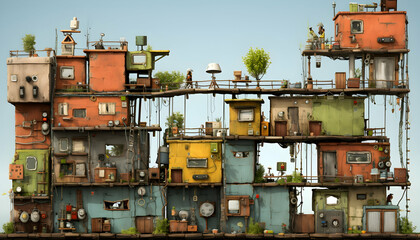 Colourful Shantytown Architecture Stacked on Each Other With a Distressed Vintage Texture and Weathered Exterior Under the Soft Sky