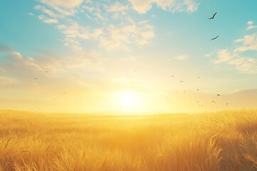 Obraz premium Golden Wheat Field Sunrise Birds
