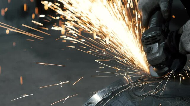 A worker at a metalworking plant processes metal. Metal sparks at Manufacturing heavy Industry factory. The process of grinding metal. Steel construction manufacturing plant.