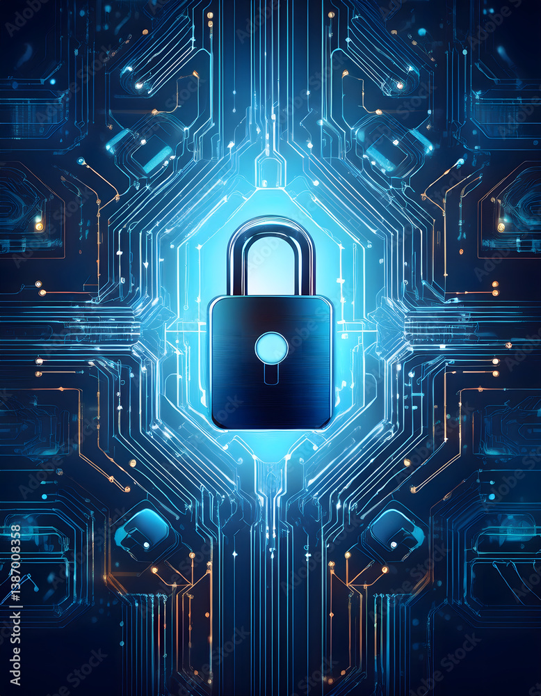 Poster A digital lock symbol on a circuit board background, representing cybersecurity and data protection in a vibrant blue color scheme