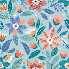 Colorful floral pattern featuring multiple flowers, leaves, and shapes on a light background Generative AI