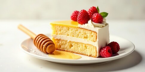 A delectable slice of lemon cake, layered with creamy frosting and adorned with fresh raspberries, sits on a plate; a honey dipper rests nearby, adding a touch of sweetness to the scene.