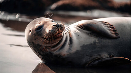Happy Seal Lounging on Beach, Close-Up Portrait in Natural Lighting