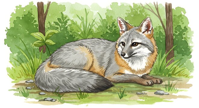 Gray Fox in Verdant Woods: A Watercolor Portrait of Wild Serenity AI Generated