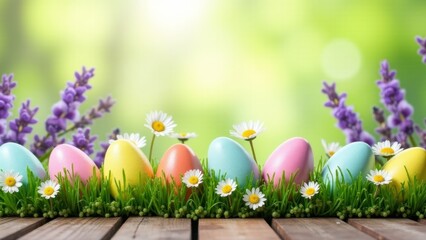 Fototapeta premium Colorful Easter Eggs With Lavender Flowers