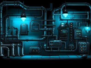 Complex System of Blue Lit Industrial Pipes and Electrical Components Creates a Retro Pixel Art Style Background