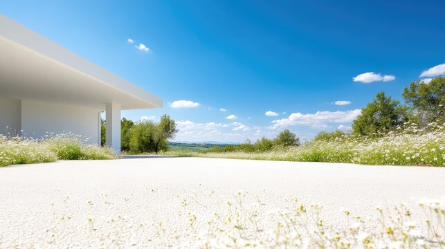 Fototapeta A modern, white building with a minimalist design is partially shown. Wildflowers and greenery border a light-colored paved area extending to a distant, rolling landscape. The image is high-quality,