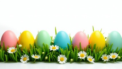 Fototapeta premium Colorful Easter Eggs In Grass With Flowers
