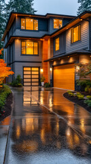 Fototapeta premium Modern home exterior illuminated at dusk after rain with shiny driveway and landscaping