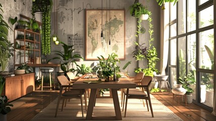 Fototapeta premium A large room with a table and chairs, a potted plant, and a map on the wall
