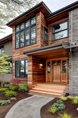 Obraz premium Modern home entrance with natural elements and wooden design features in a tranquil setting
