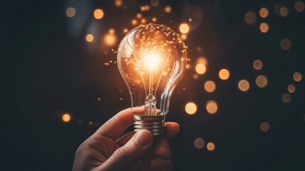 A hand holding a glowing lightbulb showing creative innovation ideas