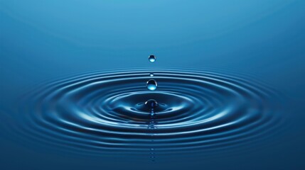 Closeup macro transparent water drop with ripples and waves isolated on blue background. Generate AI