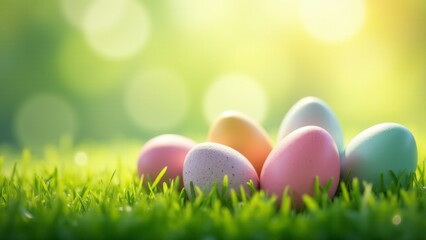 Pastel Easter Eggs In Green Grass