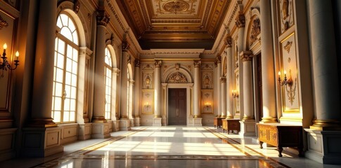 Sunlit Grandeur An Elegant Hallway with Gilded Accents and Marble Flooring