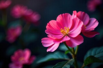 Fototapeta premium Close-up view of vibrant pink blossoms with delicate petals and golden stamens, softly blurred background showcasing the beauty of nature's artistry in floral detail