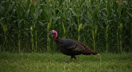 Wild turkey strolls confidently across a field with corn stalks background