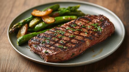 A perfectly cooked steak on a plate with grilled vegetables. Featuring indulgence and flavor