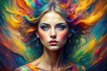 Fototapeta premium Colorful Woman Portrait with Fiery Flowing Hair