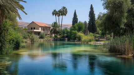 Fototapeta premium Holy Jordan River at Yardenit Baptismal Site: A Spiritual Journey in the Heart of Galilee, Israel