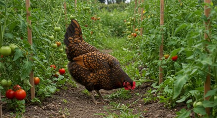 Chicken foraging amongst ripening tomatoes in a garden bed setting
