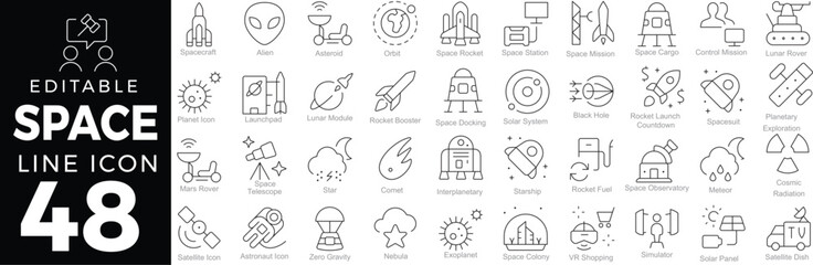 Space Web Icons Set in Line Style. Linear Icons Collection Featuring Space Exploration, Planets, Satellites, Astronauts, and Celestial Bodies. Editable Stroke.