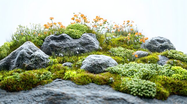Green moss on stone, fresh natural microlandscape, white background