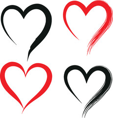 Black and red brush hearts. Hand-drawn red and black brush heart minimalist vector icon heart set. Red & black hearts shape clipart vector on White Background.