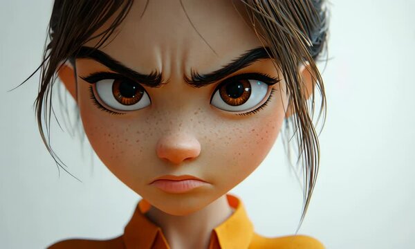 Close-up of an expressive cartoon girl with an angry facial expression in 3D rendering