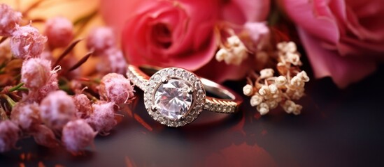 Closeup of Jewelry wedding ring on the background of a bouquet of rose flower.
