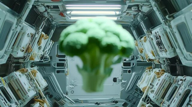 Hovering Anti Gravity Ingredients, Broccoli floret levitating in zero gravity