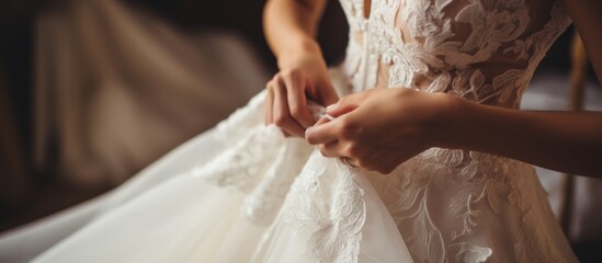 Close up portrait bride putting on a wedding white dress preparing marriage. AI generated image