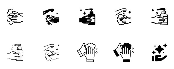 Hand Washing Line Icons. Editable Stroke. Pixel Perfect. For Mobile and Web. Contains such icons as Bacterium, Bathroom, Bubble, COVID-19, Cleaning Sponge, Dirty, Dryer, Faucet, Hand Dryer, Human Hand