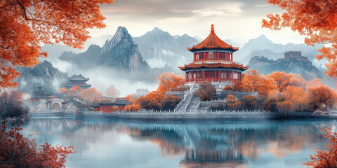 Obraz premium Chinese traditional ancient architecture art illustration 