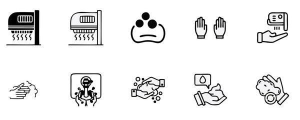 Hand Washing Line Icons. Editable Stroke. Pixel Perfect. For Mobile and Web. Contains such icons as Bacterium, Bathroom, Bubble, COVID-19, Cleaning Sponge, Dirty, Dryer, Faucet, Hand Dryer, Human Hand