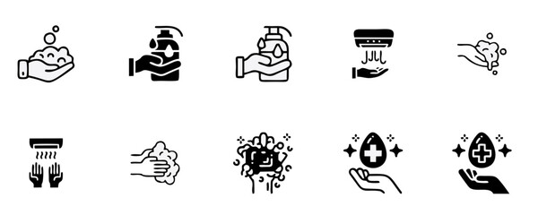 Hand Washing Line Icons. Editable Stroke. Pixel Perfect. For Mobile and Web. Contains such icons as Bacterium, Bathroom, Bubble, COVID-19, Cleaning Sponge, Dirty, Dryer, Faucet, Hand Dryer, Human Hand