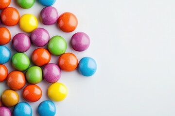 Colorful Smarties in the Corner: A Sweet Rainbow of Candy on a White Background