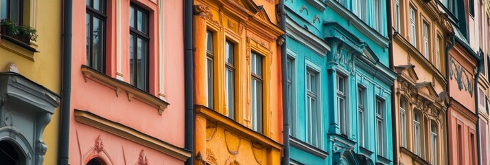 Obraz premium Row of colorful buildings with windows in a city setting.