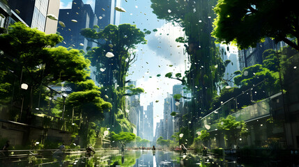 Futuristic Cityscape with Green Trees Water Reflections and Modern Buildings on Sunny Day