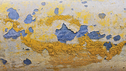 Peeling paint texture on a metal pipe revealing layers of blue and yellow