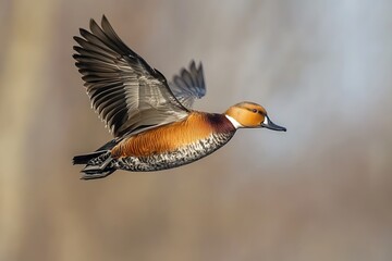 Obraz premium Eurasian Wigeon: Majestic Duck in Flight Showcasing Wild Fauna and Natureâ€™s Splendor