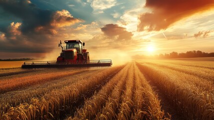 Fototapeta premium A combine harvester is working in a golden grain field