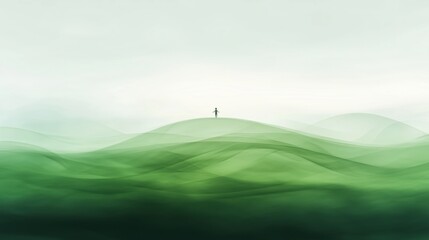 Obraz premium A solitary figure standing on rolling green hills under a soft, misty sky.