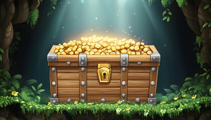 Golden Coins Overflowing From Wooden Chest in Pixel Art Surrounded by Lush Greenery with Gentle Lighting